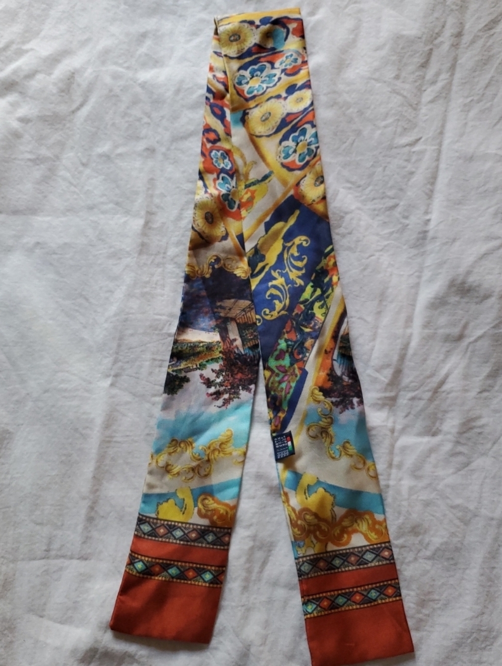 100% Silk Skinny Scarf Twilly Colorful Baroque Como Italy Vintage 2.5" X 35"